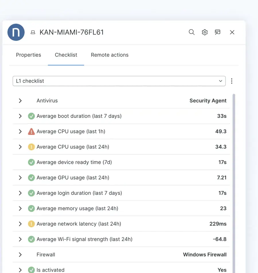 Nexthink Amplify: servis masası ekranında cihazın kontrol listesi; açılış süresi, işlemci, bellek ve ağ gecikmesi