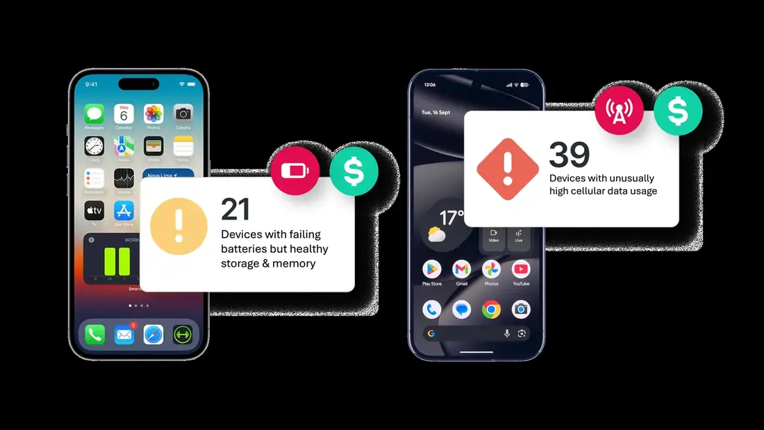 Nexthink Mobile Experience: pil sorunu olan ve olağan dışı mobil veri kullanan cihazların sayısı